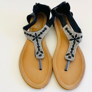 385 Fifth Sandals 9 Black & Silver Rhinestone Boho Shoes Zip Ankle Festival
